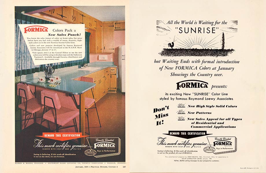 Two ads from the 1950s promoting the 'Sunrise' line of Formica Brand Laminate
