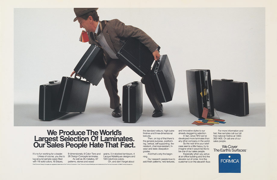 A print ad from 1988 featuring a salesman in a suit and 8 brief cases filled with Formica Brand Laminate samples surrounding him