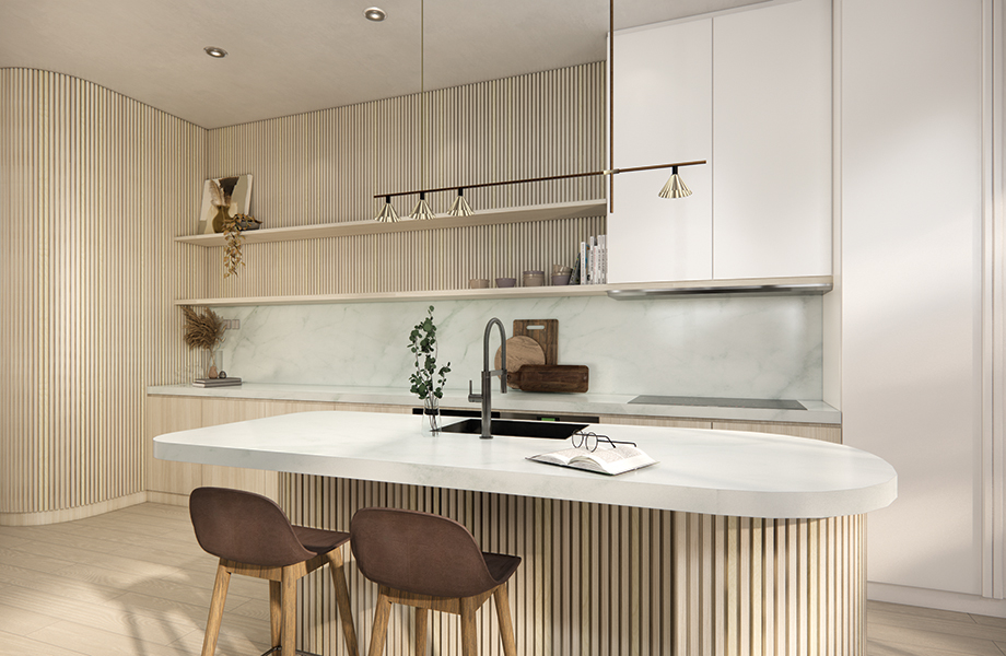 CR3200NM Ultra White Nude Matte / CR5018VC Calacatta Cava VCarve / CR8578NT Sund Elm Naturelle