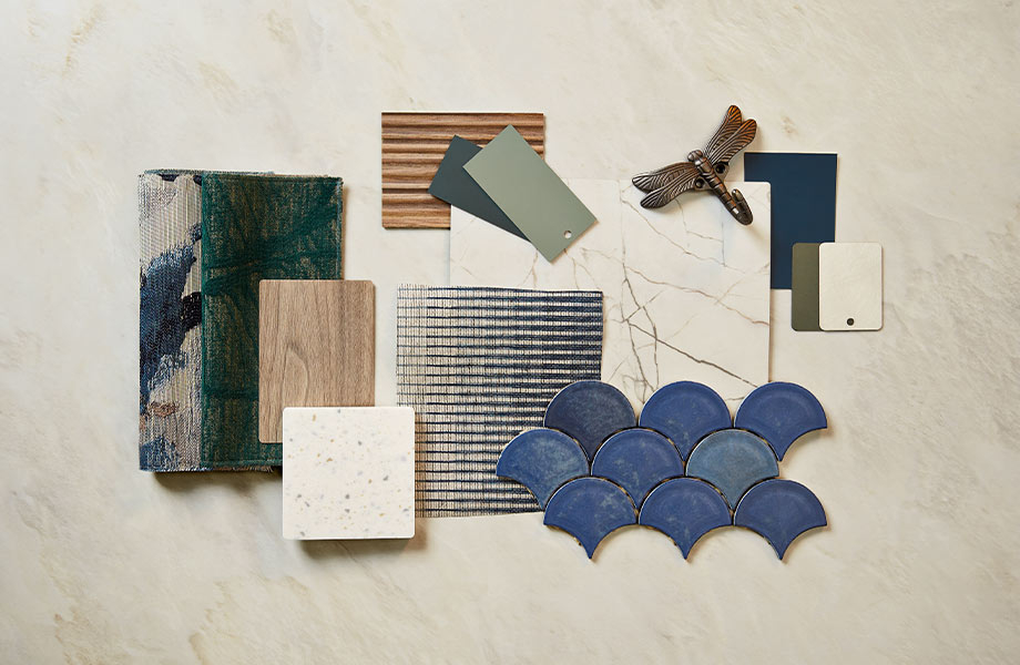 Palette de couleurs présentants des échantillons de tissus, céramiques et grains de bois du Groupe Formica, Arpa Industriale et des matériaux innovants FENIX de couleur bleu, vert, brun et crème  